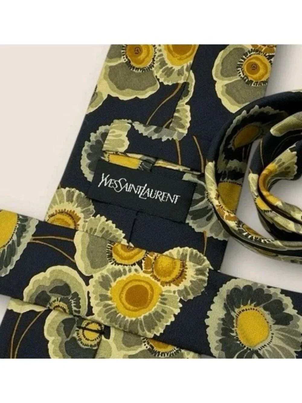 YVES SAINT LAURENT  Silk Tie ITALY Black Yellow Gray Floral W:3.8